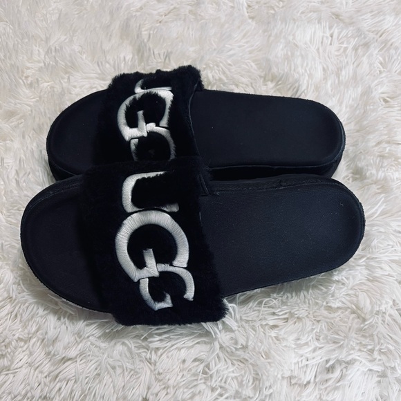 UGG Black Fuzzy Slide Sandals - Picture 6 of 7
